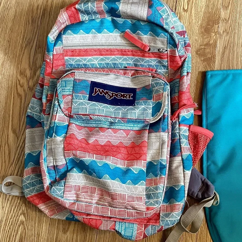 Jansport‎ Aztec Pattern Coral Teal Cream Multiple Zippers Laptop Insert Hg11